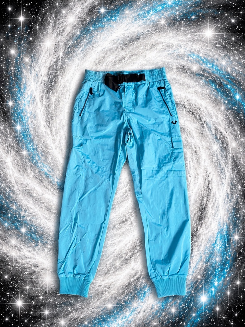 True Religion Men’s Tech Cargo Jogger Medium Aqua Blue Utility Nylon Zip Pockets